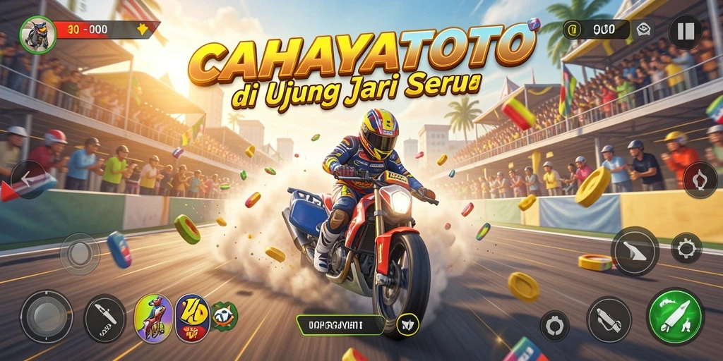 Tangkapan layar utama CAHAYATOTO menampilkan aksi balapan yang menegangkan.