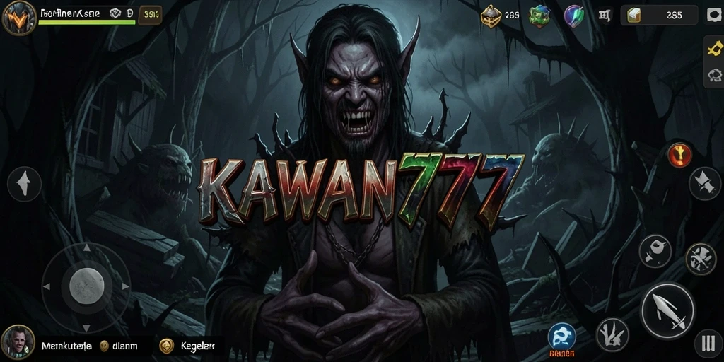 Tampilan gameplay KAWAN777 dengan suasana mencekam dan elemen Horror.
