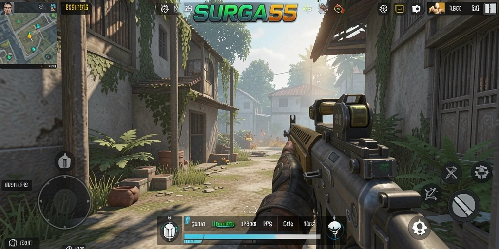 Tampilan gameplay SURGA55 yang menegangkan dalam pertempuran FPS.